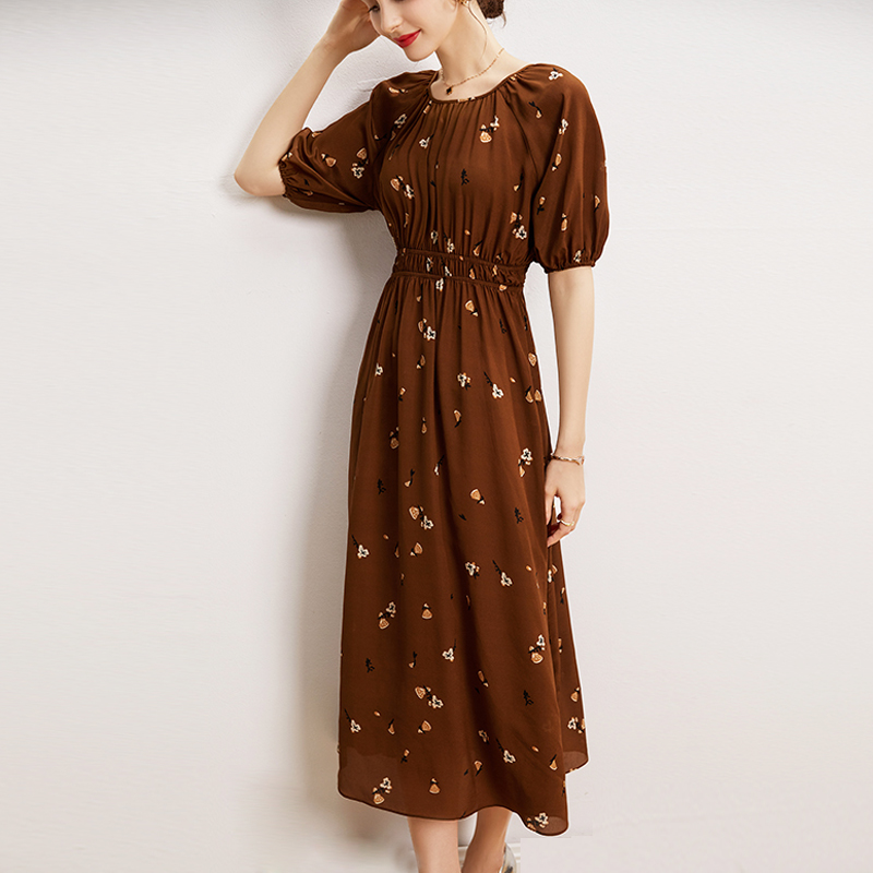 

100% Natural Silk Women's Dresses O Neck Short Sleeves Printed Floral Elastic Waist Elegant Mid Holiday Dress Vestidos, Black