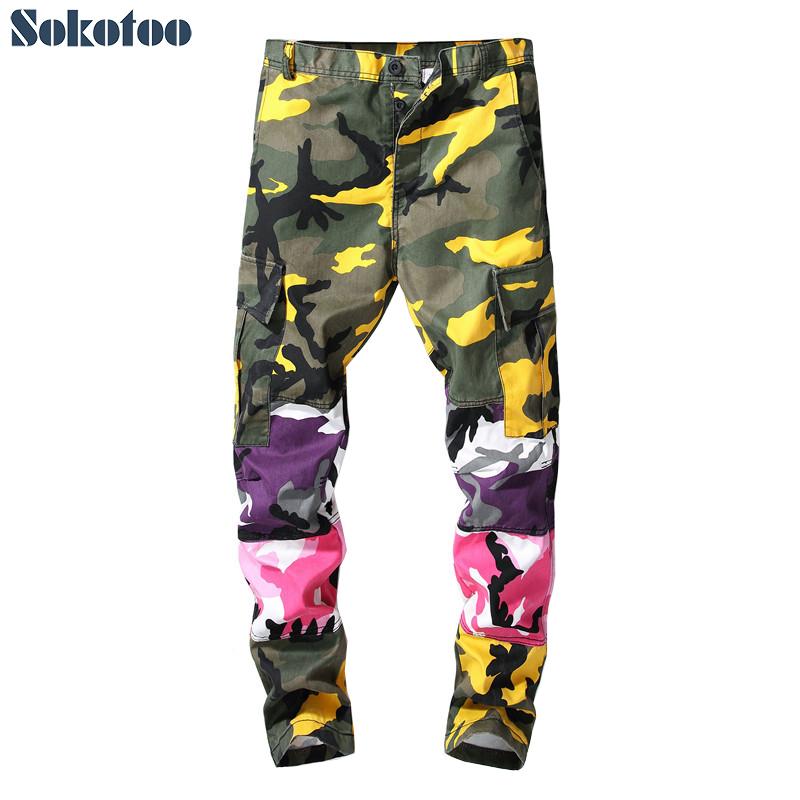 

Men's Pants Sokotoo Camouflage Printed Patchwork Cargo Casual Fancy Color Buttons Camo Pockets Loose Straight Jeans, As pic