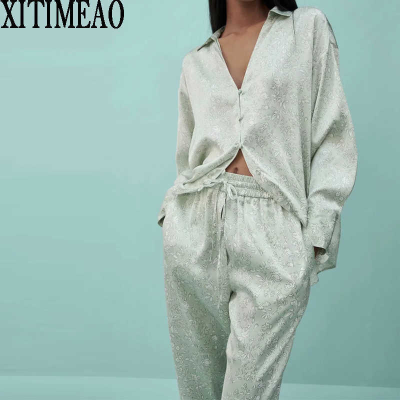 

Za Spring Summer Women Retro Printing Simple Style Long Sleeve Shirt And High Waist Casual Jogging PantsChic Tops XITIMEAO 210602, Top