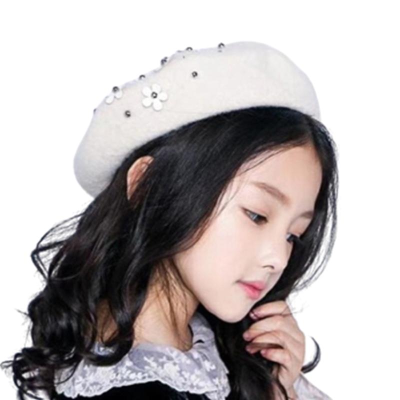 

Berets E15F Solid Color Elegant Pearl Flower Beret Cute Painter Hat Lovely Children Wool Gifts Christmas Thanksgiving Year, Gy