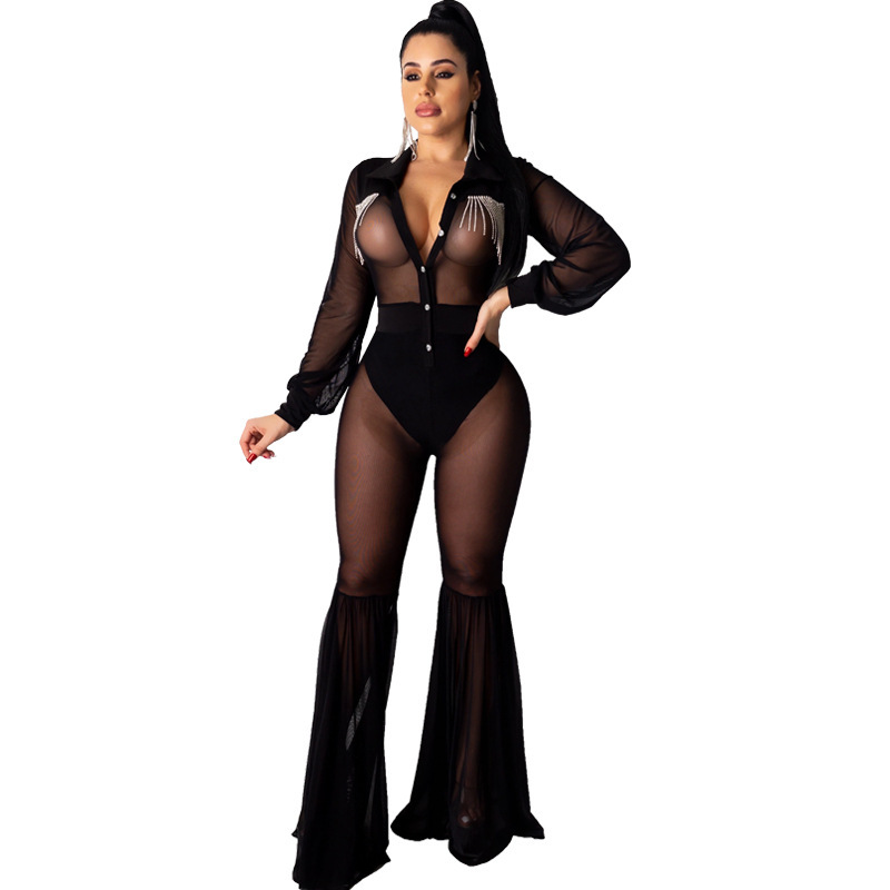 Sexy See Through Mesh Nightclub Jumpsuits Crystals V Neck Long Sleeves Fashion Women Flare Rompers Bell Bottom Pants est-image-680610457