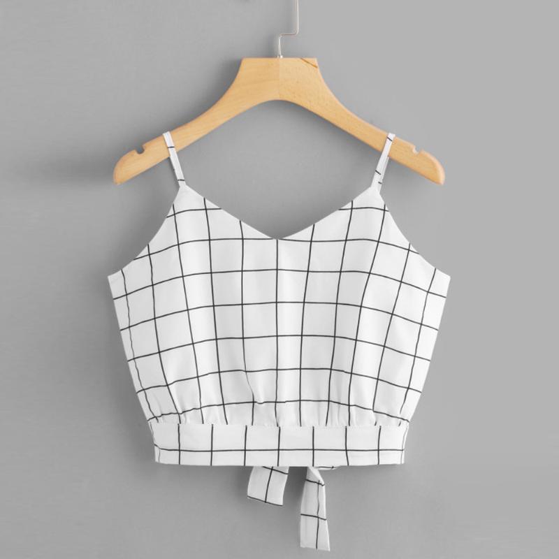 

Women's T-Shirt 25# Plaid Print Camisole Tshirt Women Self Tie Back V Neck Crop Cami Top Plus Size Clothing Sleeveless Tunics T Shirt, Rd