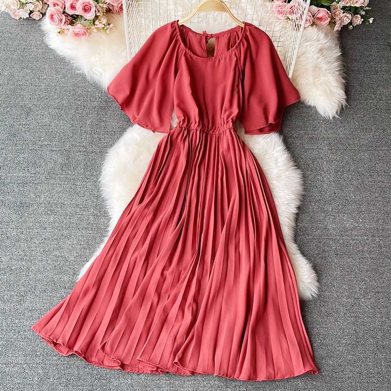 

Summer Vintage Women Pleated Dress Elegant Round Neck Short Sleeve Draped Purple/Blue/Yellow Casual Vestidos Female Vacation New Y0603, Khaki