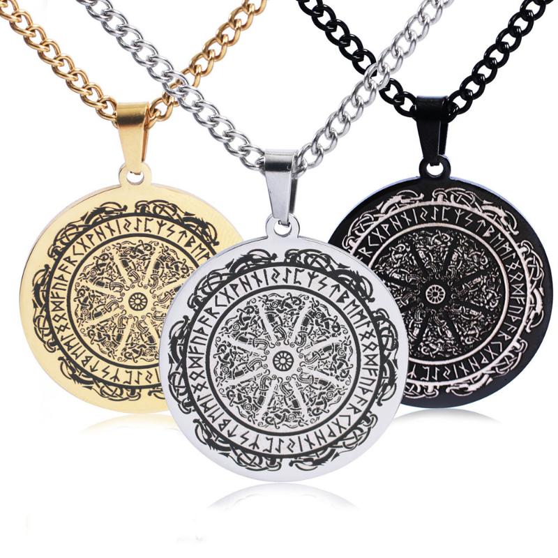 

pendant necklaces stainless steel necklace vintage pirate viking odin logo rune magic circle round titanium, Silver