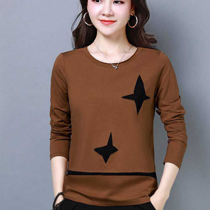 

Simple Style Women Spring Autumn T Shirts Lady Casual Slim O-Neck Star printed Tees Shirt Tops DF2045 210609, Brown