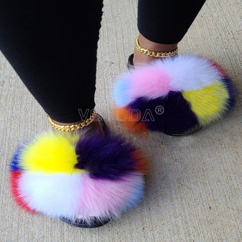 

Slippers Fluffy Furry Fur For Women Plush Slipper Girl Soft Flat Home Shoes Ladies Flip Flops Rainbow Slides Sandals, Black