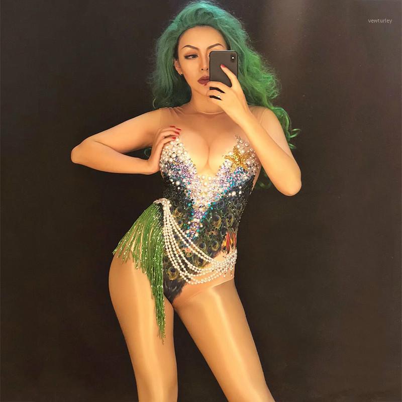 

Party Decoration Women Sexy Colorful Series Tassel Bodysuit 3D Printed Jumpsuit Sparkling Crystals Pearl Nightclub Dancer Singer Stage Wear