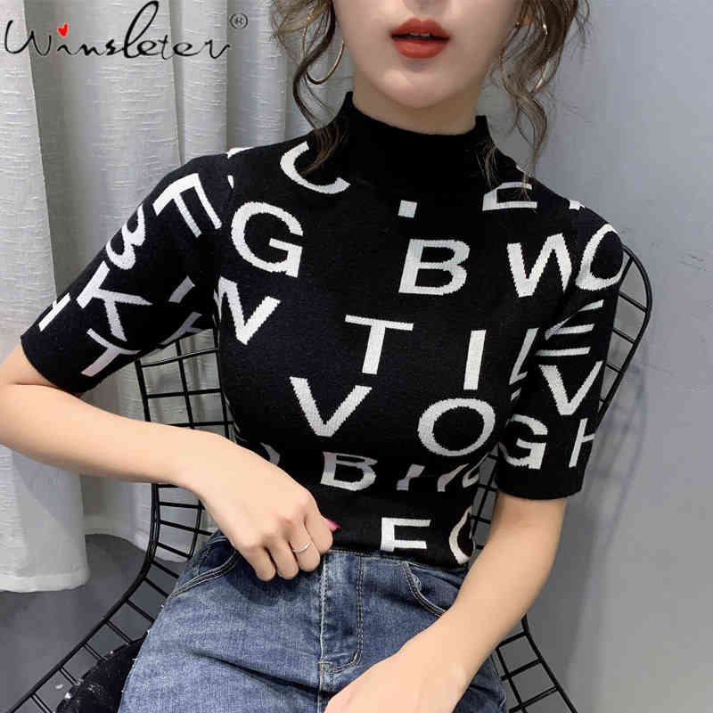 

Women's T-Shirt Summer Korean Style Knit Women Tshirt Fashion Sexy Letter Mock Neck Tops Bottoming Shirt Ropa Mujer Slim Tees 2021, Black tshirt