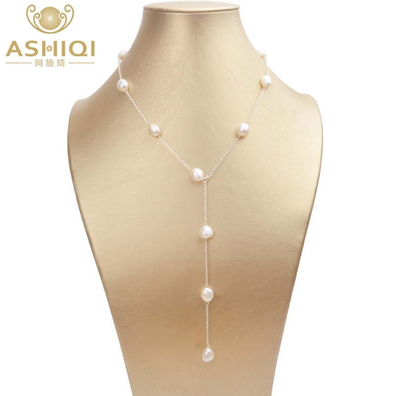 

ASHIQI Real 925 Sterling Silver Long Chain Necklace 8-9mm Natural Baroque Freahwater Pearl Jewelry for Women Ladies Gift