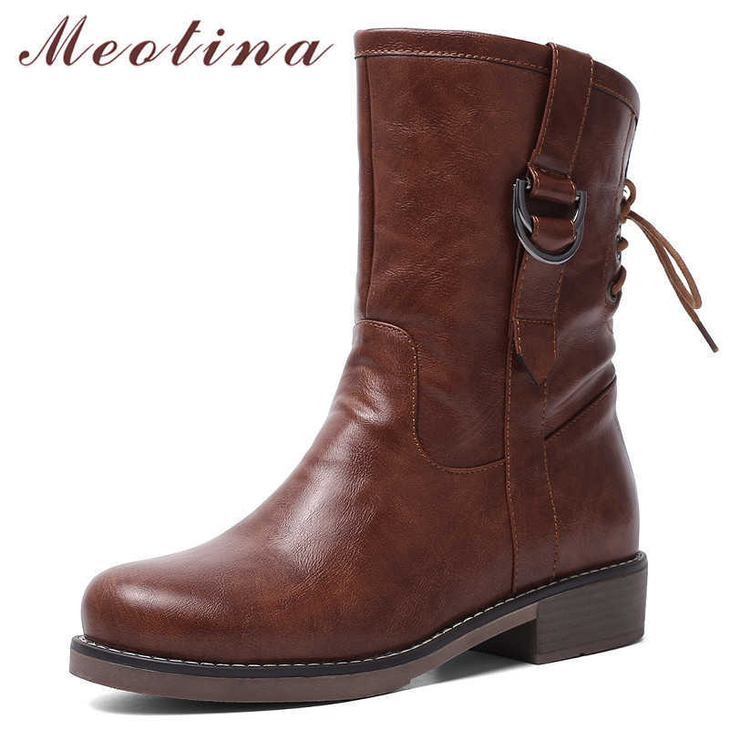

Meotina Women Boots Autumn Ankle Boots Buckle Chunky Heels Short Boots PU Leather Round Toe Shoes Lady Winter Big Size 34-43 210608, Black
