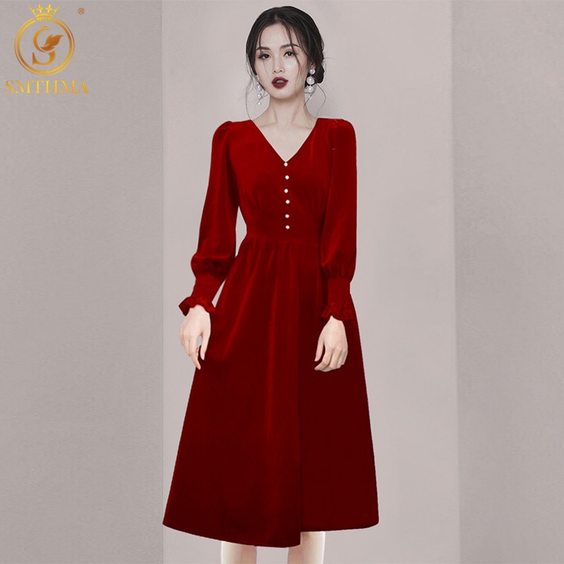 

Autumn Winter Velvet Dresses For Women Vintage V Neck High Waist Knee-Length Female Vestido Da Festa 210520, Photo color