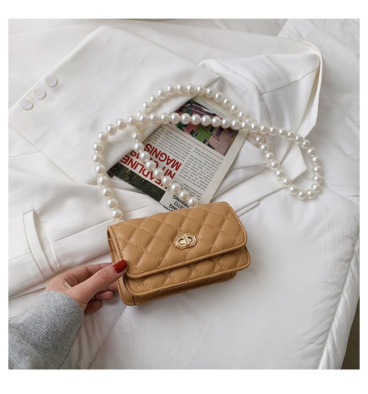 

Pearl Shoulder Strap Chain Bag Rhombus Small Square Fashion Chest Diagonal Lady Bags Cross Body, Brown