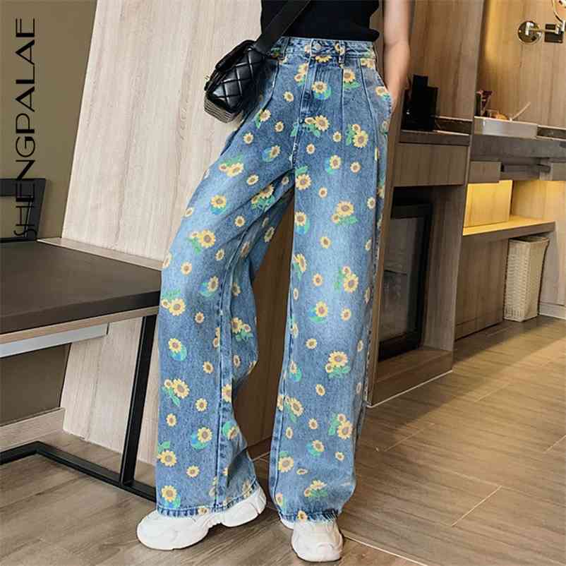 

SHENGPALAE Summer Casual Jeans Woman Long Trousers Cowboy Female Loose Streetwear Small Flowers Wide Leg Pants ZA4513 210629, Blue