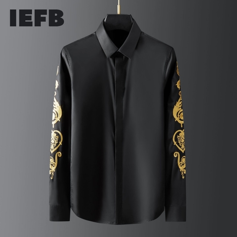 

IEFB Spring High End Men's Flower Exquisite Embroidery Long Sleeve Shirt Slim Fashion Black White Blouse For Male 9Y5616 210524