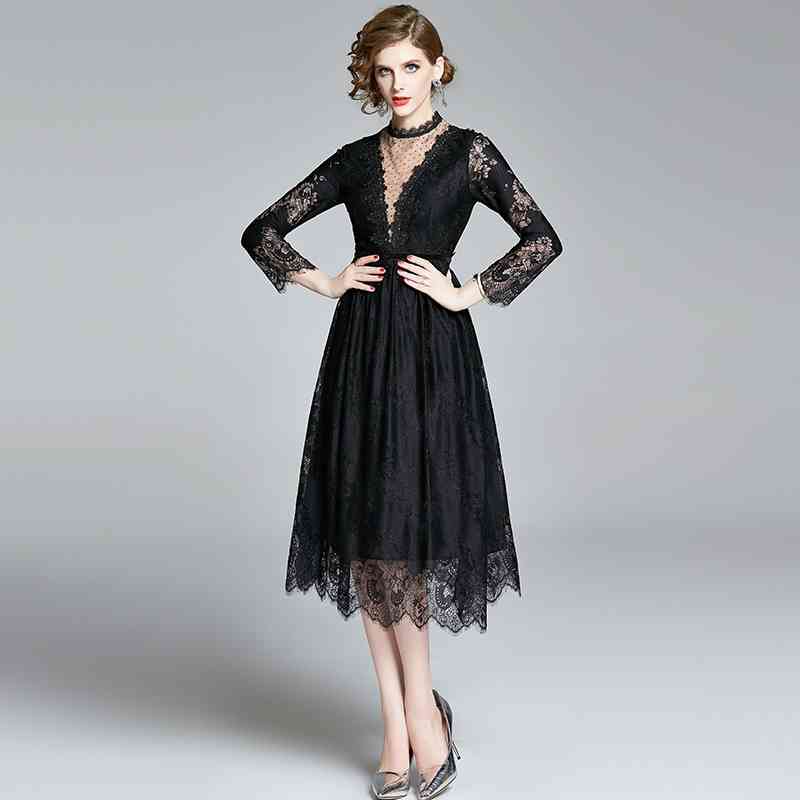 

Sexy Hollow Out Patchwork Bottoming Lace Dress Women Elegant Vintage Black Dresses OL See Through Work Vestidos 210520, Photo color