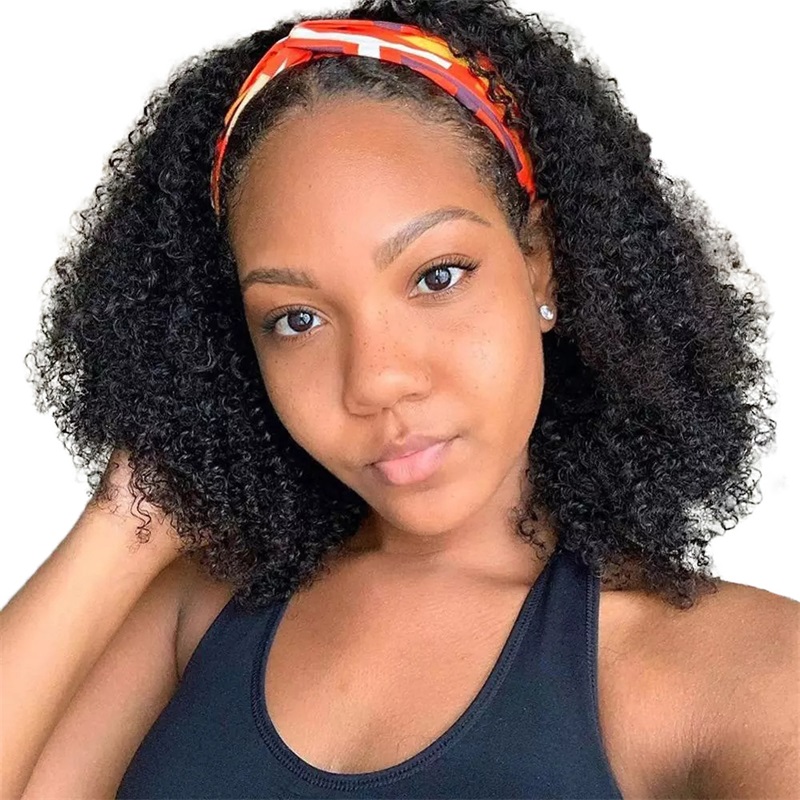 

14-24 Inch Kinky Curly Headband Wigs Brazilian Scarf Human For Black Women No Glue Sew In1