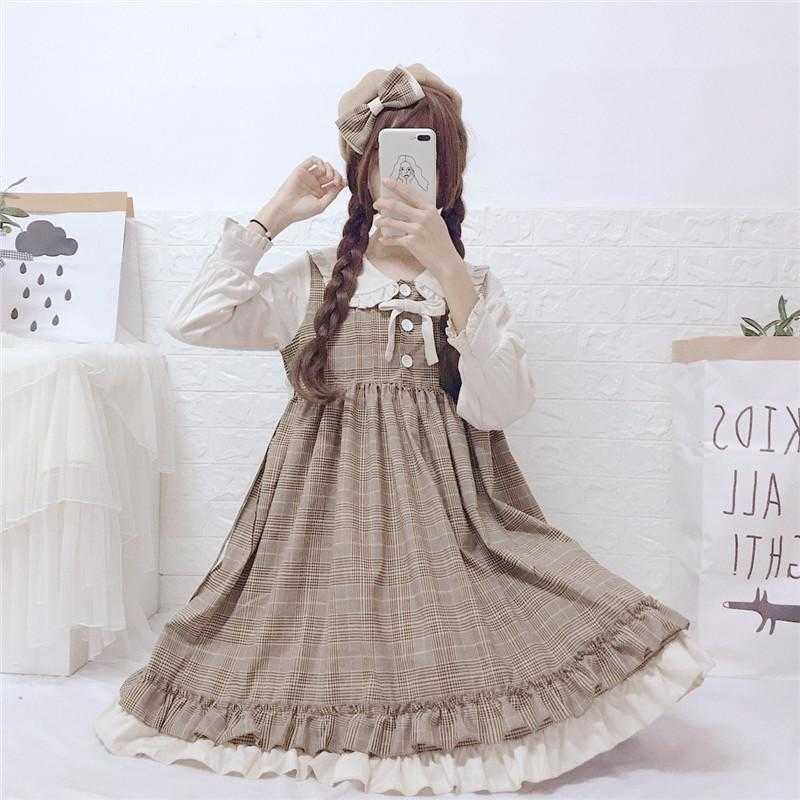 

Japanese Doll Collar Ruffled Full Sleeve Mididressgothic Lolita Dres Victorian Soft Sweet Cute Loose Vintage 210604, Light brown grid