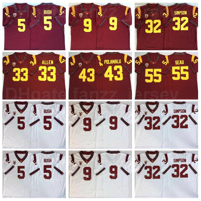 

NCAA College Football USC Trojans Jersey 5 Reggie Bush 9 JuJu Smith-Schuster 32 OJ Simpson 33 Marcus Allen 43 Troy Polamalu 55 Junior Seau University Team Red White, 5 white