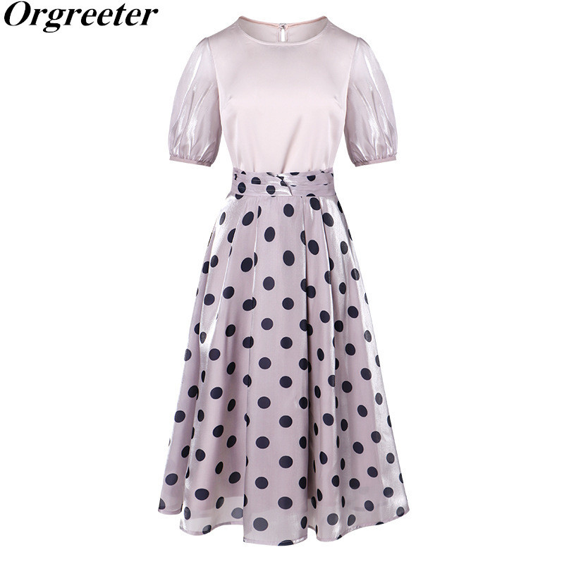 

Temperament Office Ladies Summer 2pcs Women O-neck Short Puff Sleeve Shirt + Slim Dot Printed A-line Skirt Suits 210525, Picture color