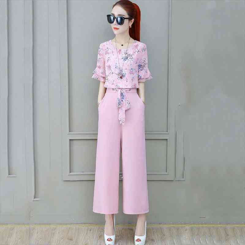 

Women Two Piece Set Ensemble Femme Flower Print Tops And Solid Wide Leg Long Pant Suits Ladies Plus Size 3xl, Gray