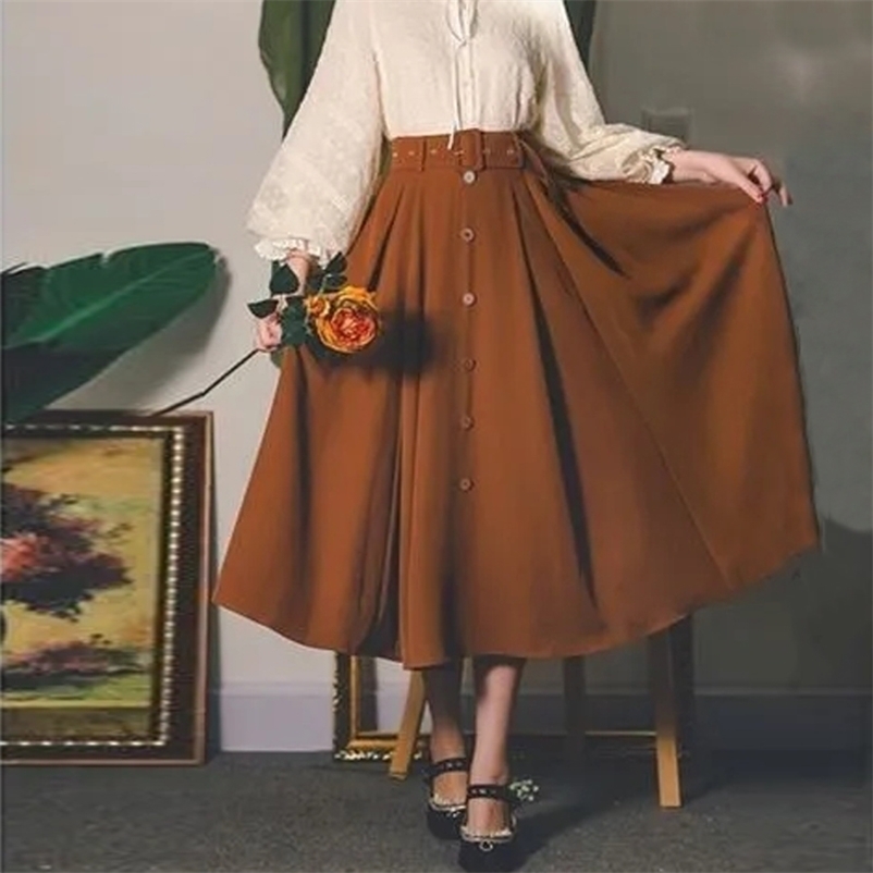 

Women Autumn Solid Botton Elegant Skirts Ladys France Style High Waist Long Skrits Female Vintage A-line 210519, As picture