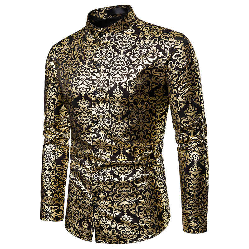 

Men Hipster Luxury black gold Bronzing Printed Slim Long Sleeve Dress Shirt wedding Night club Hip hop party Singer stage Shirts, White;black