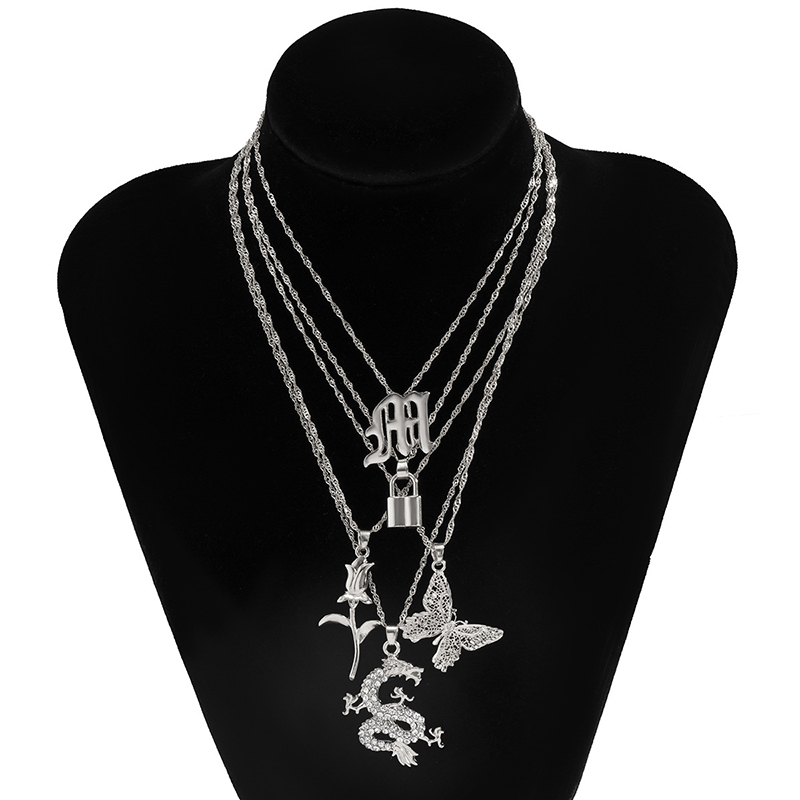 

Lock Head Diamond-Shaped Dragon Pendant Necklaces Butterfly Rose Flower Necklace Personality Mix And Match Handmade Clavicle Chain Multilayer Neck Party Jewelry