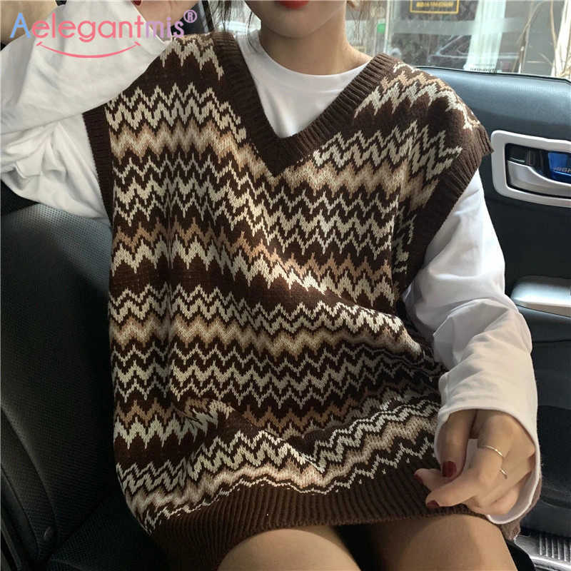 

Aelegantmis Knit Striped Sweater Vest Women Oversized Cool Ladies Casual Vintage Woman Sleeveless Coat Chic Waistcoat 210607, Brown