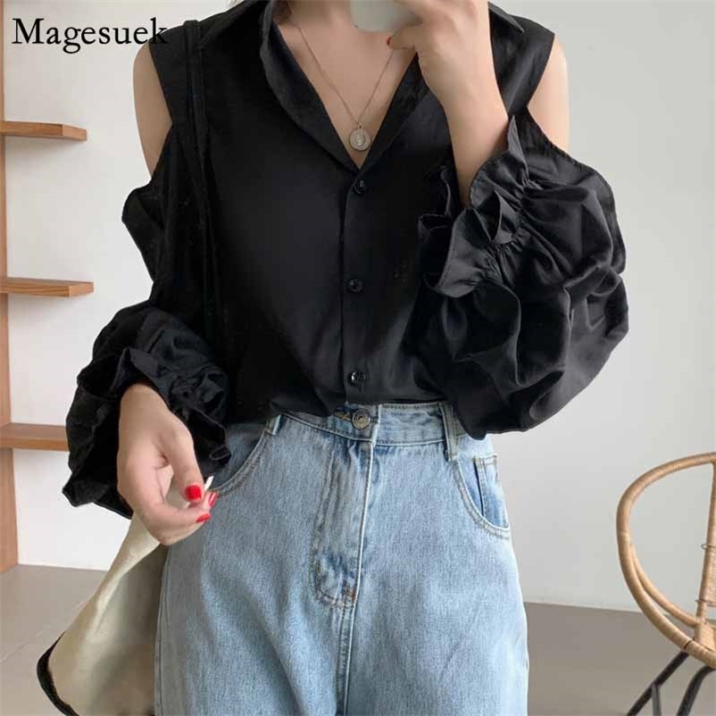 

Long Sleeve Women Shirt Off-Shoulder Cardigan Blouses Autumn Puff Sexy Office Lady CasualBlusas 10569 210518, Black
