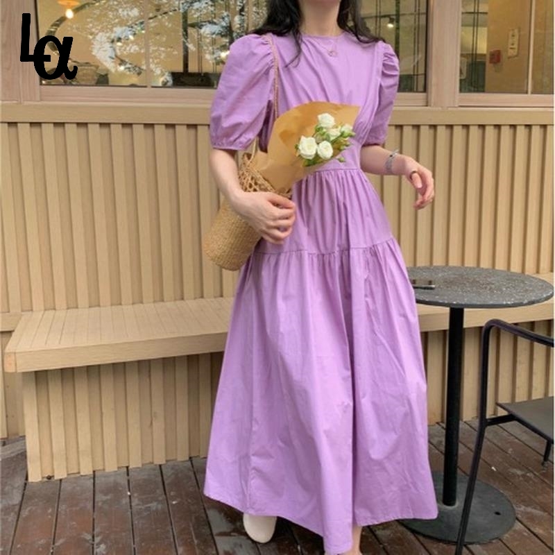 

Solid Elegant Dress Women Puff Sleeve Midi Thin Beach Party Korean Office Lady Summer Kawaii 210519, Red