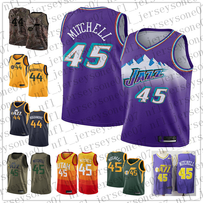 

2021 Custom Utah Mens women youth Jazzs 44 Bojan Bogdanovic 45 Mitchell white blue camo Throwback Basketball jersey, Black