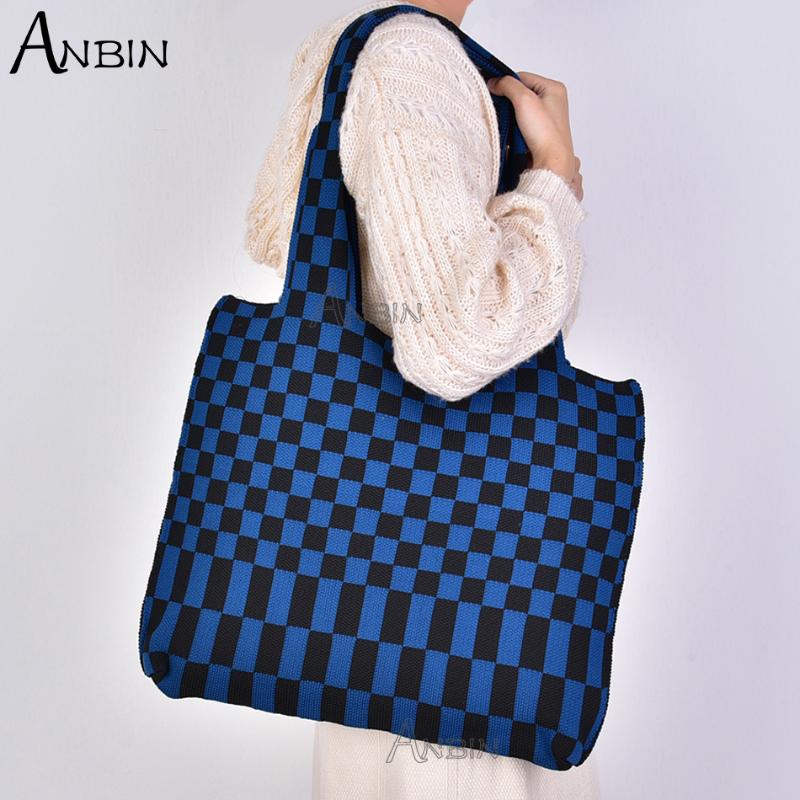 

Evening Bags Winter Women Checkerboard Shoulder Bag Woolen Knitted Korean Fashion Female Clash Color Large Capacity Casual Shopping Tote