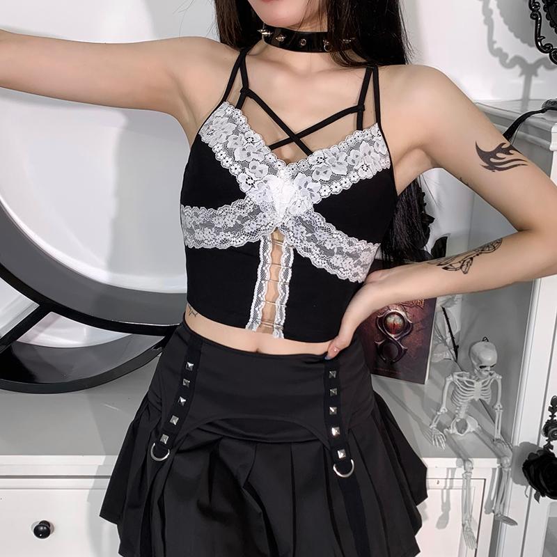 

Women's Tanks & Camis Ladies Sexy Midriff-baring Camisole Summer Autumn Girls Creative Lace Splicing V-neck Sleeveless Tops Slim Base Shirt, White