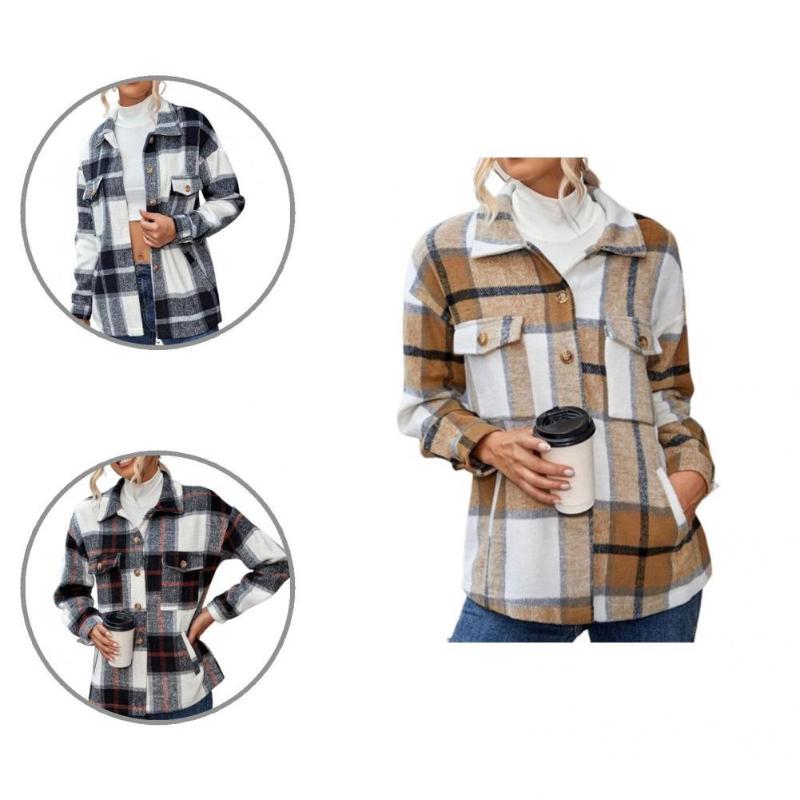 

Women's Blouses & Shirts Women Coat Stylish Plaid Print Casual Shirt Button Cuffs Turn-down Collar, White