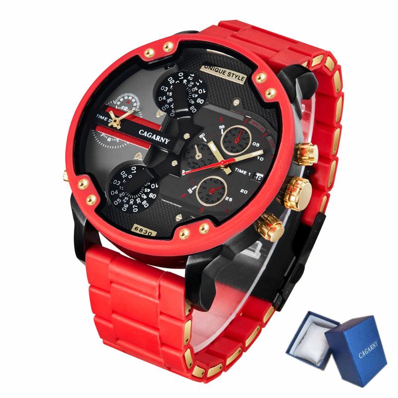 

Wristwatches Cagarny Gold Male Watch Famous Luxury Military Double Time 3D 57mm Large Dial Red Quartz Clock Relogio Masculino, Black red