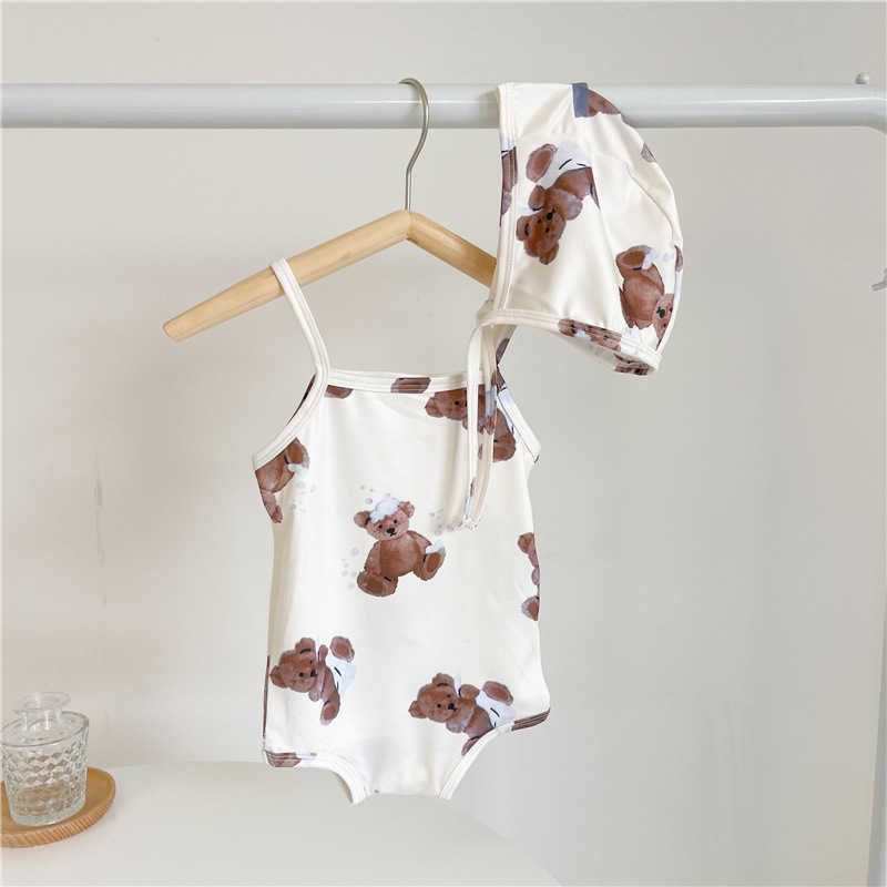 

Summer baby swimsuit swimming cap halter girl baby swimming beach clothes onesie baby girl swimwear 210701, Beige