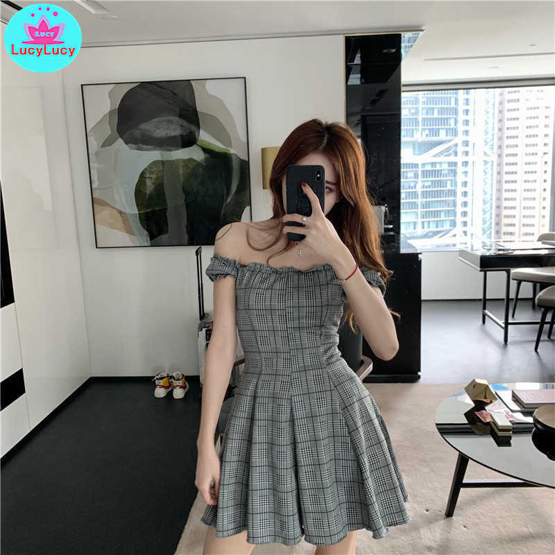 

word shoulder children strapless sexy slim dress 210603, Gray