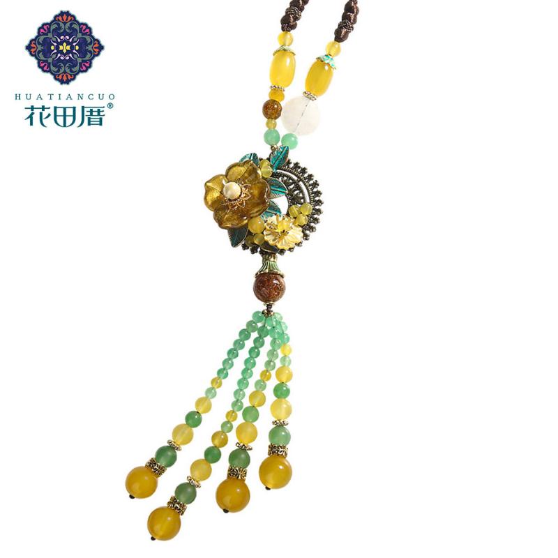

Pendant Necklaces Ethnic Handmade Lampwork Flower Necklace Beads Tassel Bronze Plated Leaves Shell Rope Chain CL-18118