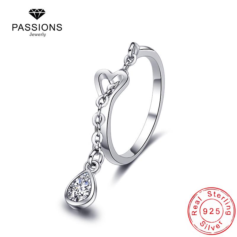

Cluster Rings Fashion Zircon Waterdrop Pendant Chain 925 Sterling Silver Adjustable Heart Ring For Women&Girl Jewelry Gift