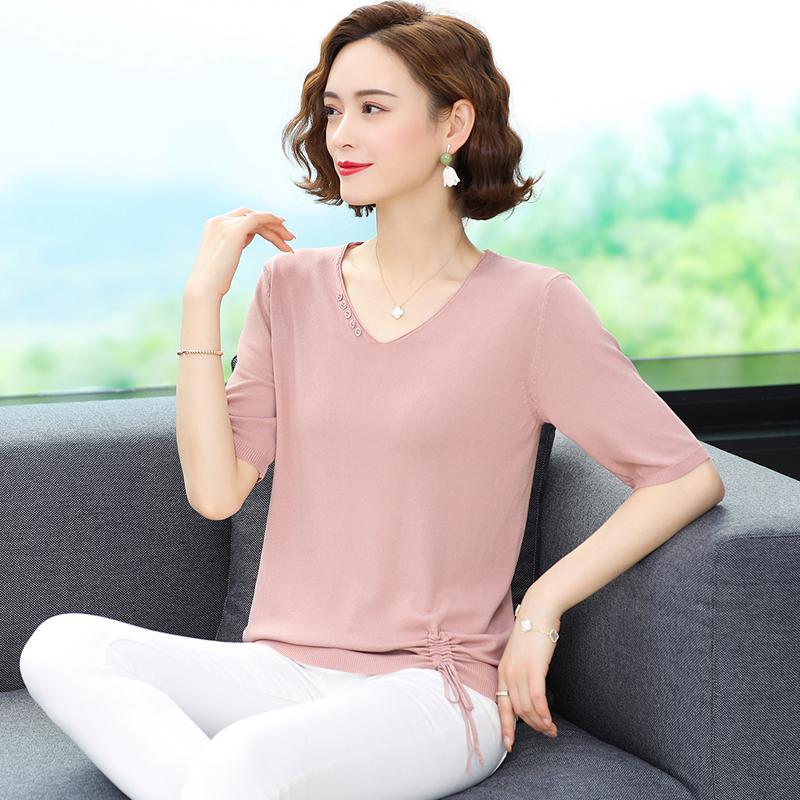 

Women's T-Shirt 2021 Summer Women Pure Colour Chinese Short Sleeve Button Fashion Loose V-Neck Woman Clothes Casual, Black