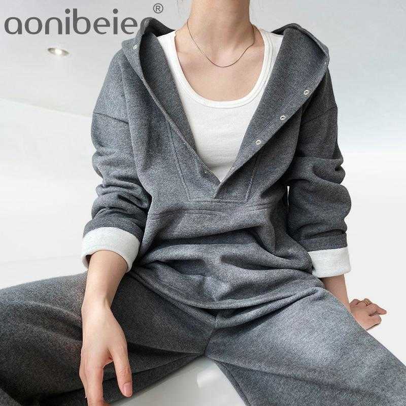 

Two Pieces Sets Hooded Women' Casual Clothes Coat And Pants Suit Pure Color Loose Style Tracksuit Hoodie Outwear 210604, Black