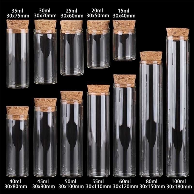 

15ml/25ml/30ml/35ml/40ml/45ml/50ml/55ml/60ml/80ml/100ml Small Glass Test Tube with Cork Stopper Bottles Jars Vials 24 pieces 220106