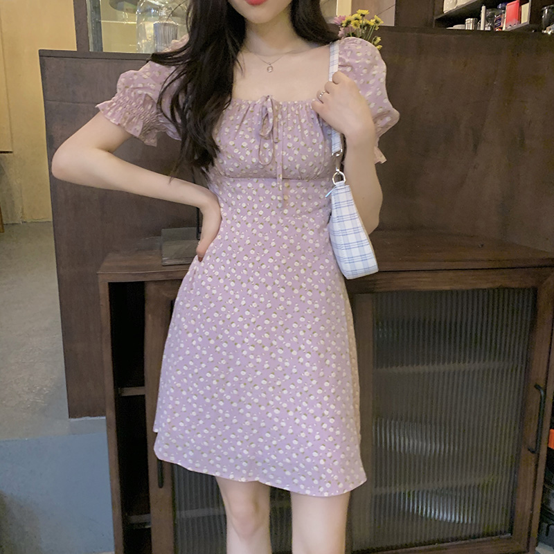 

Gentle Wind Short Sleeve Polka Dot Dress Women's 2021 Summer Square Collar A-Line Dresses Slim Waist All Match Short Sundress, Black;gray