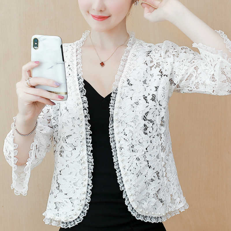 

Women' Jackets Fashion Flare Sleeve White Jacket Women 3XL 4XL Plus Size Jacket Beading Hollow Lace Jacket Women Coat B891 210602