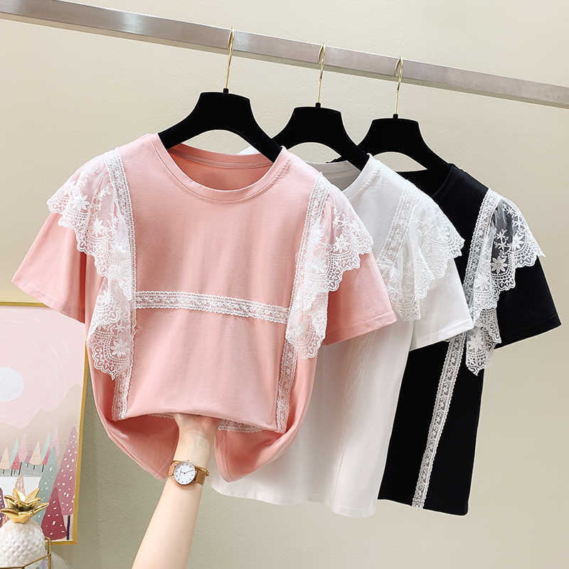 

Short Sleeve T Shirt Women Top O neck White Sexy Lace Patchwork Summer Cotton T-shirt Women Tee Shirt Femme pink Red 210604