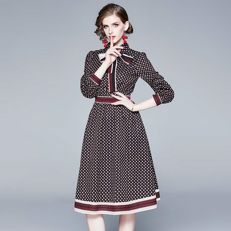 

Runway Design Spring Fall Plaid Print Lapel Long Sleeve Dress Women Bow Lace-Up Slim Party Lady 210525, Black