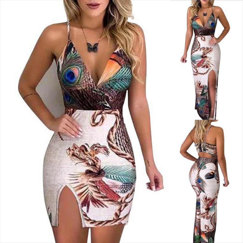 

european and american peacock womens dresses feather print sling with slit, Black;gray