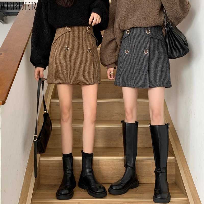 

WERUERUYU Retro Female Hight Waist Woolen Midi Skirt Wrap Women Clothing Vintage Fashion Femme Slim 210608, Photo color