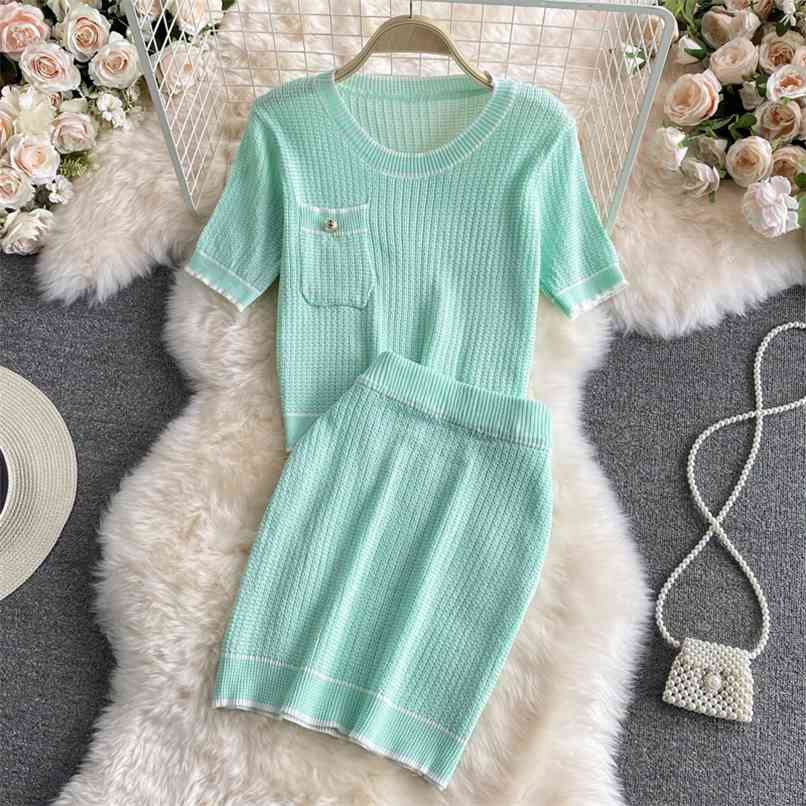

Sweet Pink/Green Knitted Two Piece Set Women Short Sleeve Pullover Tops Sweater + Bodycon Skirts Suits Female Summer 210602, Black