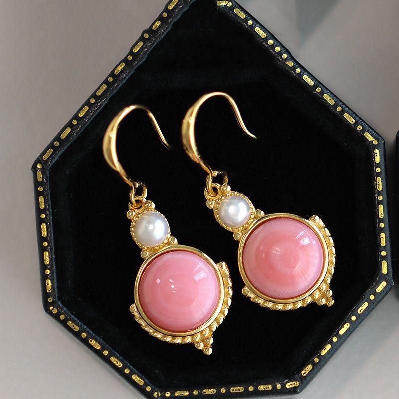 

Dangle & Chandelier Ancient Gold Craftsmanship Silver Inlaid Pink Crystal Round Pearl Long Earrings Gentle Style Luxury Ladies Brand Jewelry